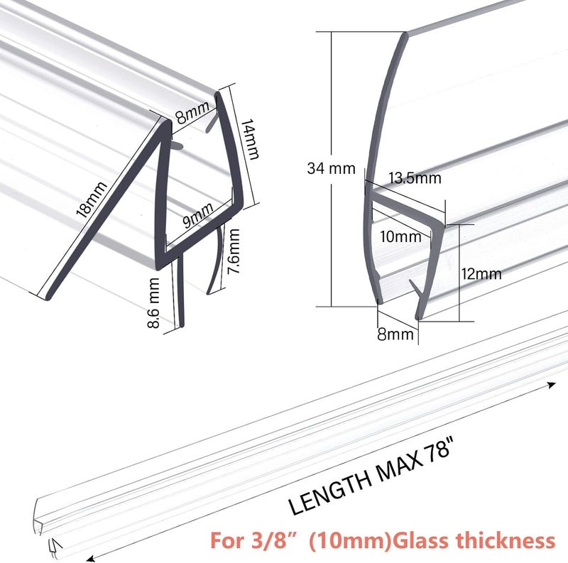 HTLOTUS Shower Door Bottom&Side Seal Set 3PCS, 78" (1981mm) Length H-Type PVC Strip for 3/8" (10mm) Thick Frameless Glass Door, to Stop Water Leaks - Image 4